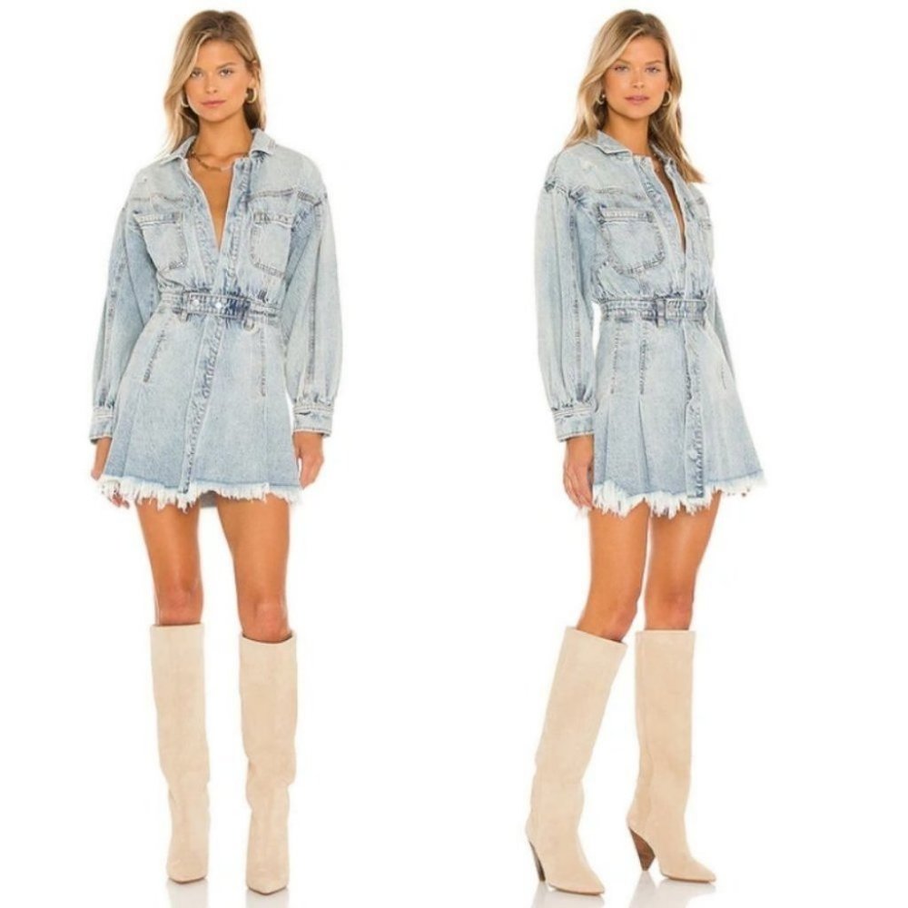 Free People Denim Dress Fringe Size Large Chain of Command Blue Jean Button Down